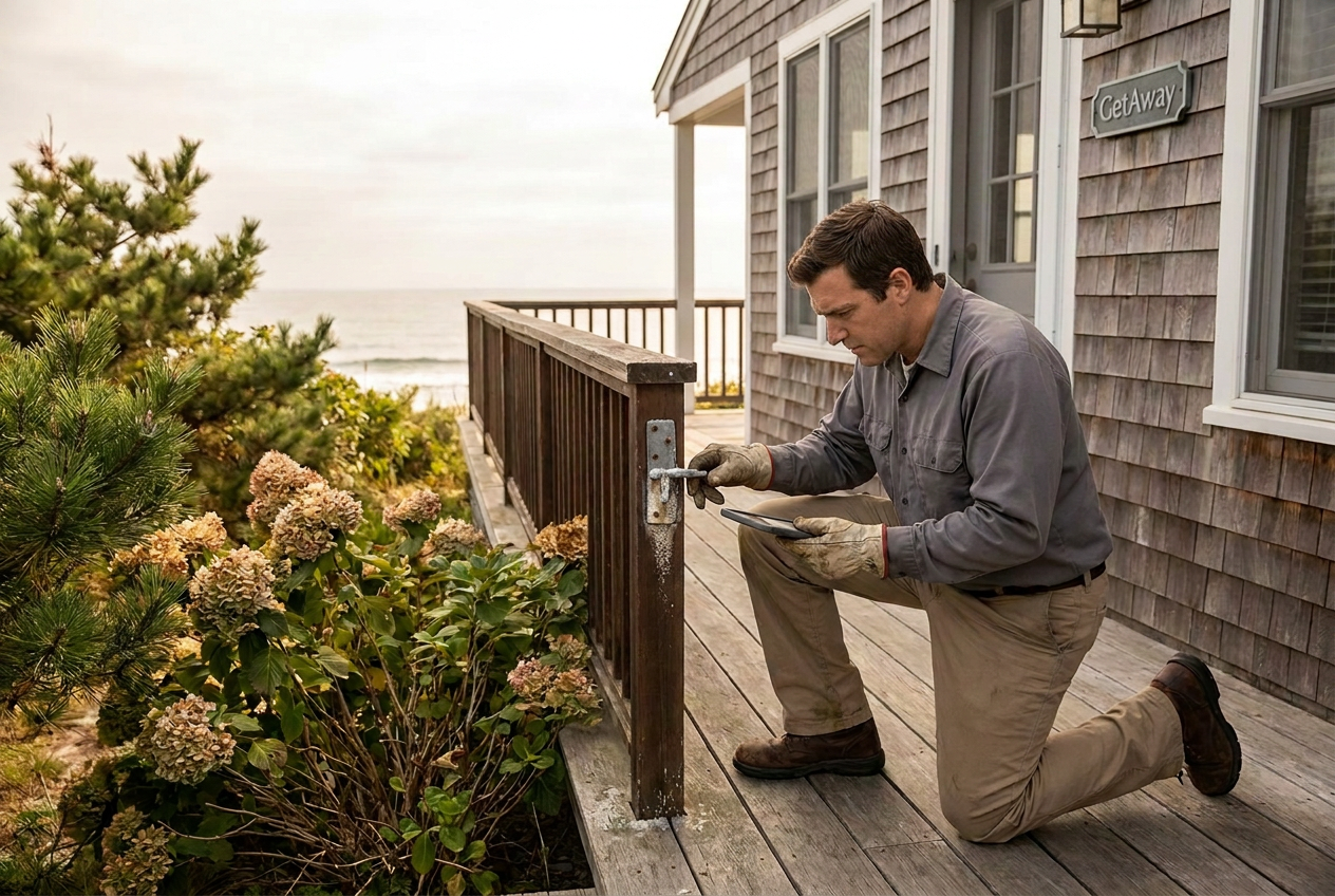 GetAway technician inspecting deck railing at a coastal Maine home