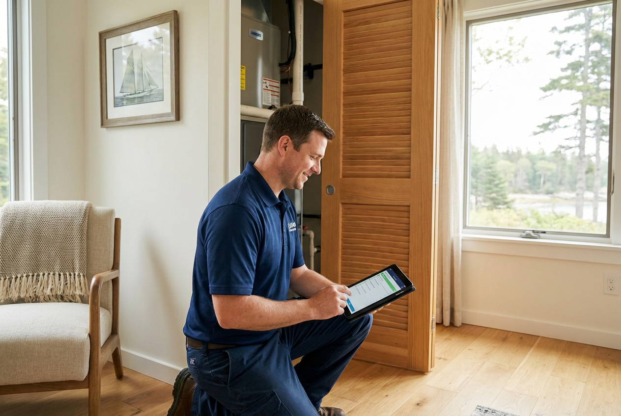 GetAway maintenance technician using a tablet beside a home mechanical system