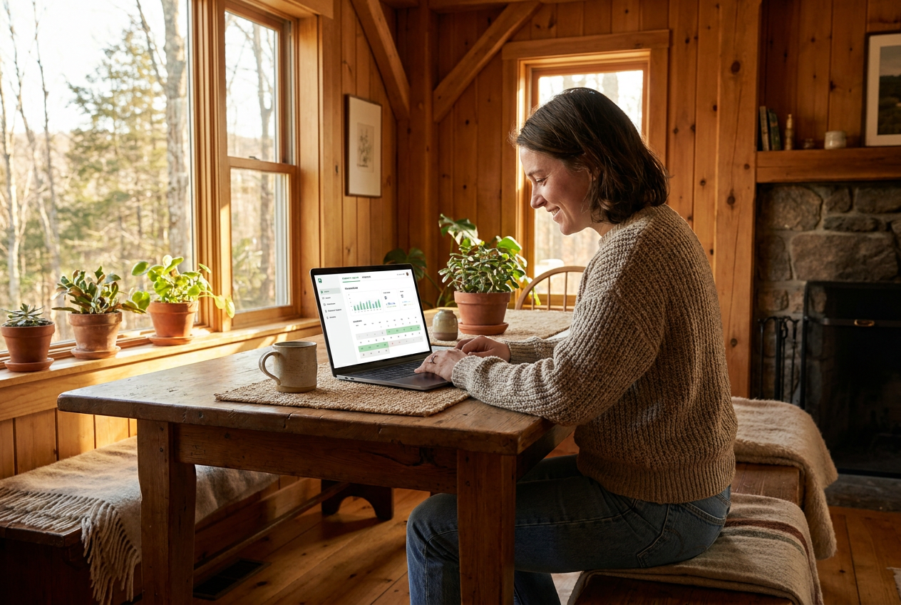 Vacation rental owner reviewing GetAway statements on a laptop at a Vermont home