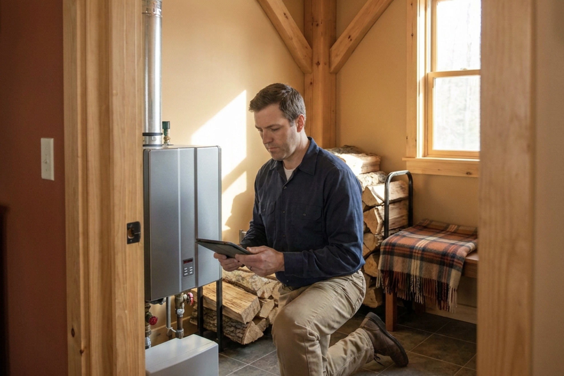 GetAway technician checking a heating system in a Vermont home before winter