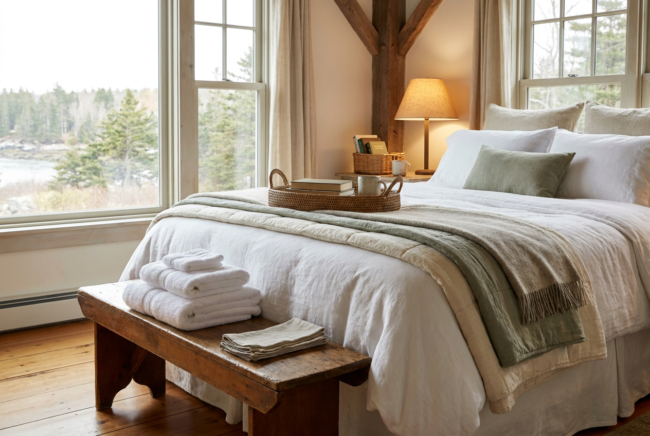 Guest-ready bedroom with fresh linens and folded towels in a GetAway home