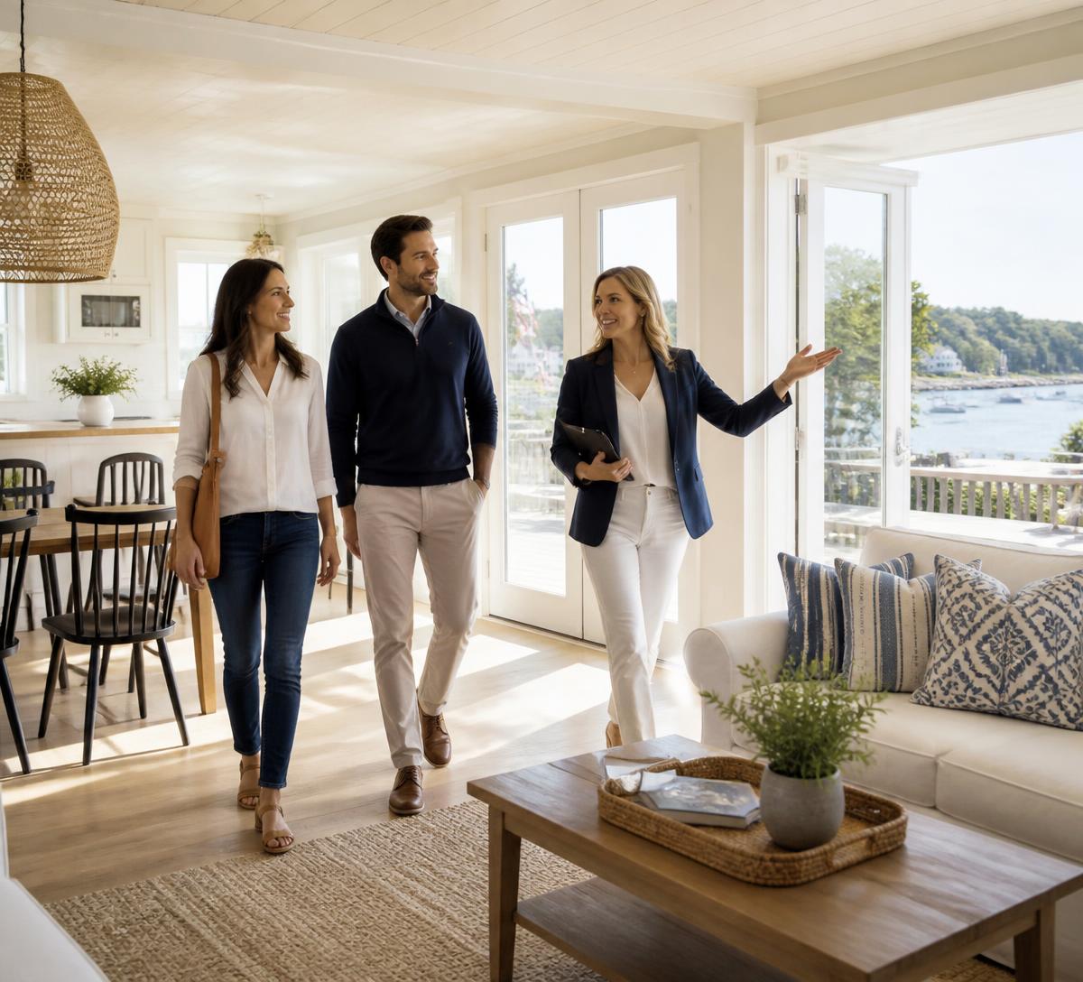 A real estate agent walking two buyers through a bright, rental-ready New England vacation home